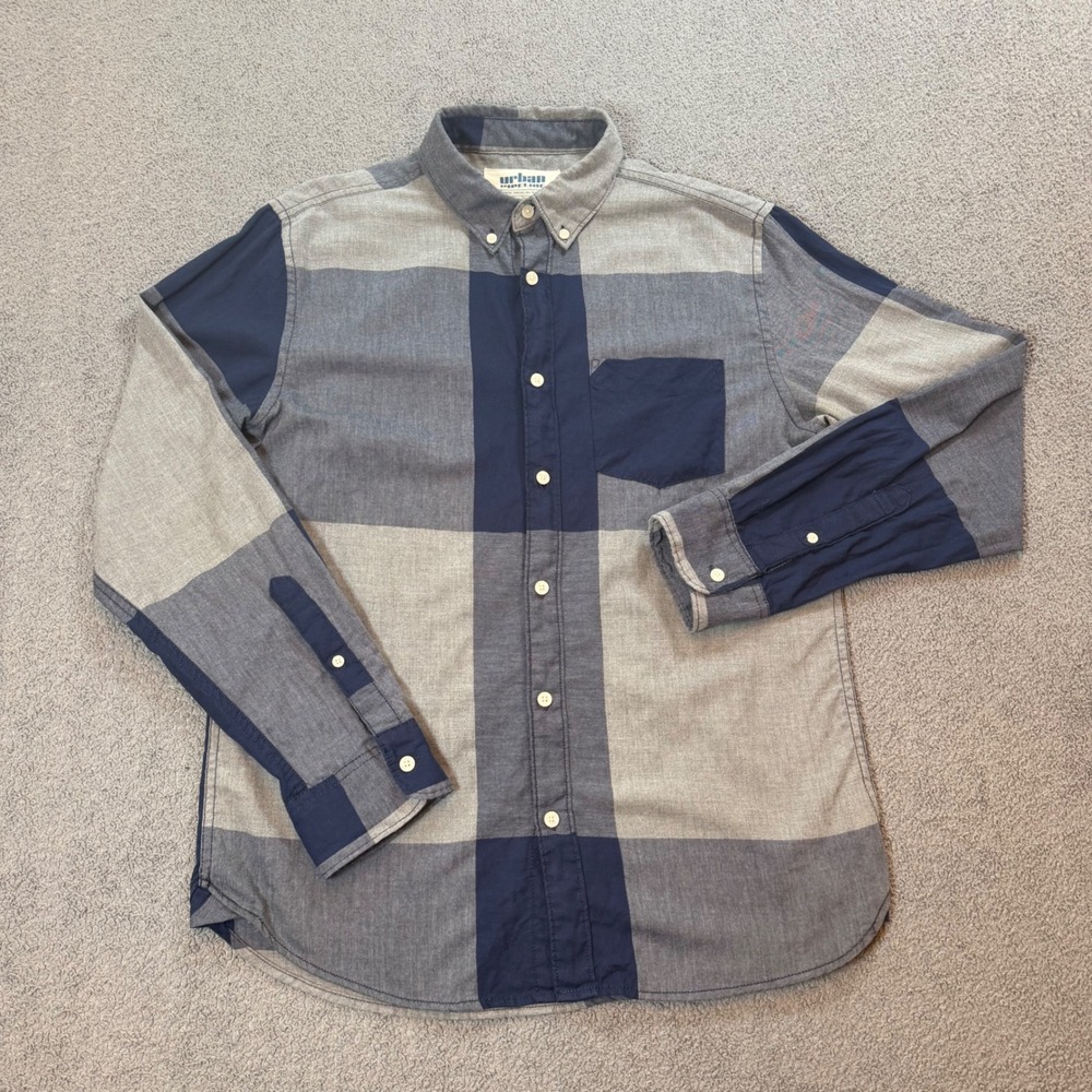 Urban Pipeline Mens Blue Grey Colorblock Buffalo Check Button Down Shirt Medium